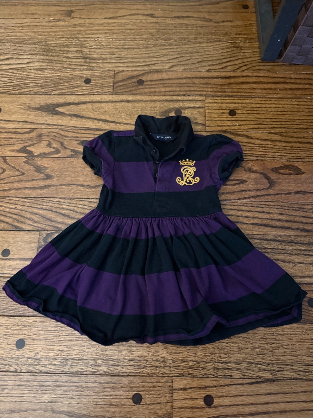 Ralph Lauren Purple & Black Striped Polo Dress with Gold Crest